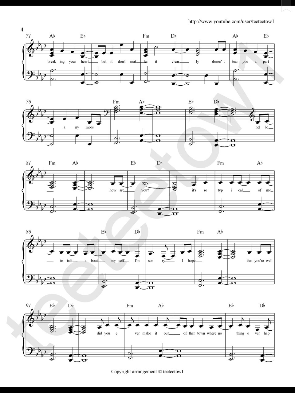 Piano Sheet Music — Hello Adele Piano Sheet 
