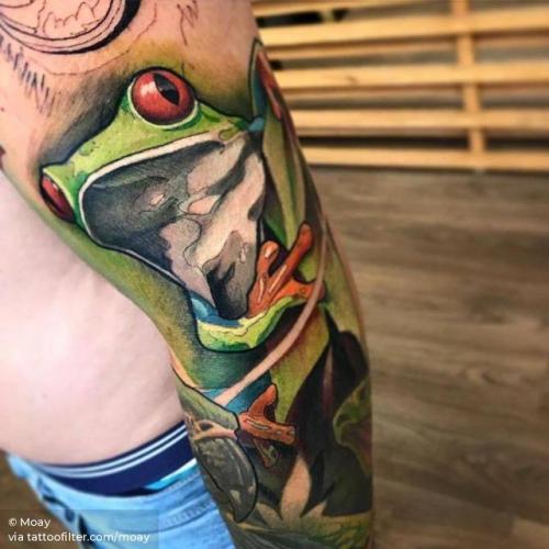 By Moay, done at 48920 Tattoo Shop, Portugalete.... amphibian;moay;animal;huge;facebook;red eyed tree frog;twitter;sleeve;new school