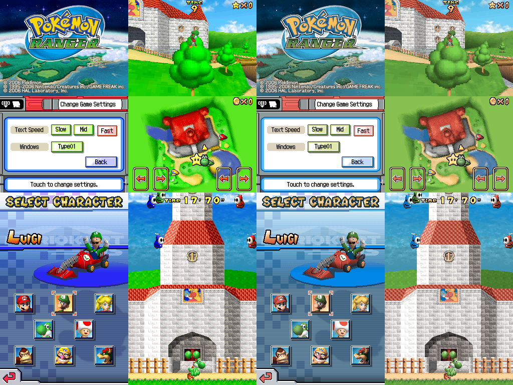 Nintendo DS comparison with NDS-Color shader color correction. Early games like Super Mario 64 DS and Mario Kart DS looks pretty much optimized for the DS Phat. Some games prior to DS Lite seems to be...
