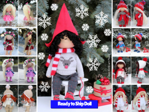 Christmas Doll, Winter Doll, Fabric Doll, Tilda Doll, Red Doll,...