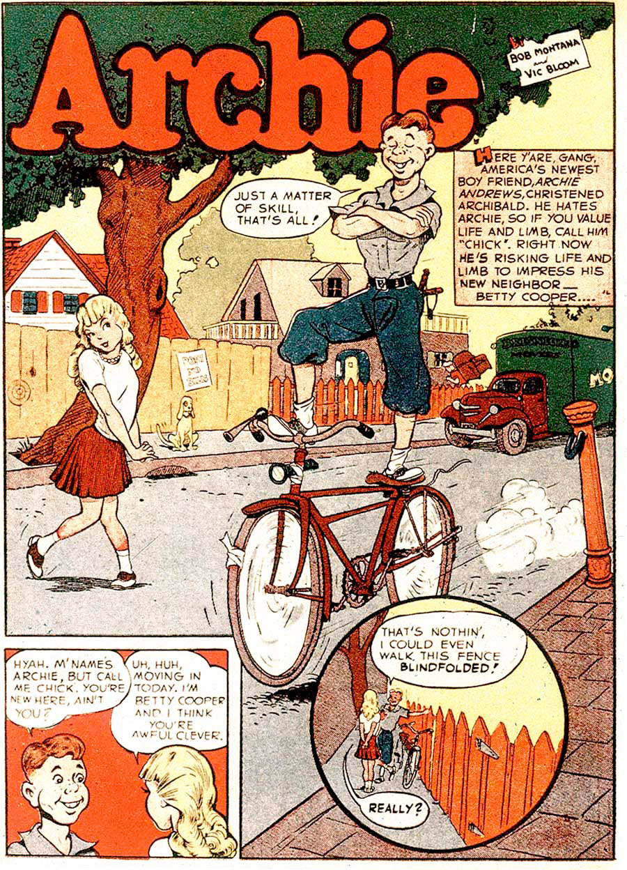 The very first appearance of Archie Andrews and Betty Cooper in Pep Comics #22 with art by Bob Montana