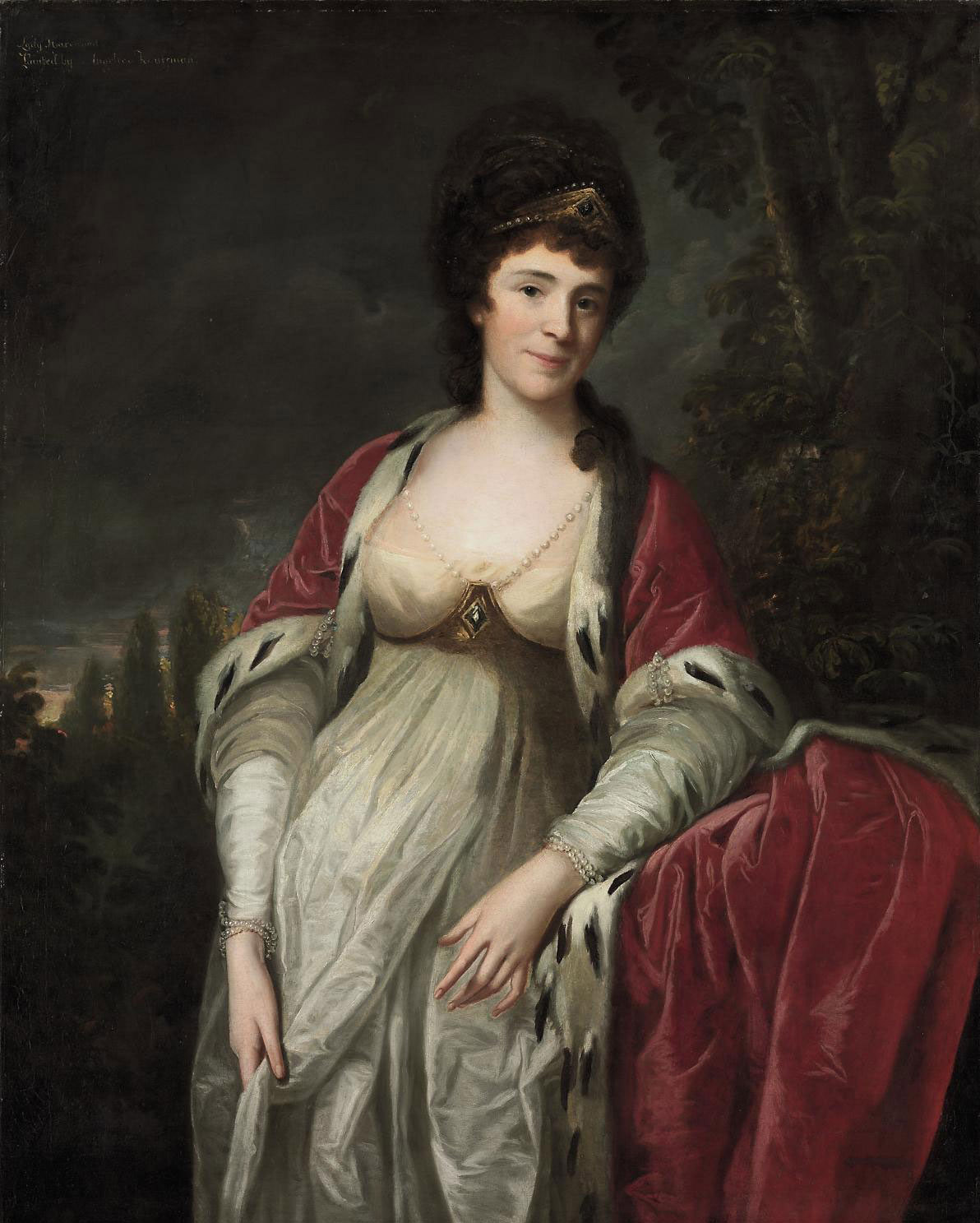 Portrait of Henrietta Sebright, Lady Harewood, three-quarter-length, in peeress’s robes, in a wooded landscape (c.1804). Angelica Kauffman (Swiss, 1741-1807). Oil on canvas.
Lady Harewood’s towering coiffure could be from the late 1760s or 1770s, but...