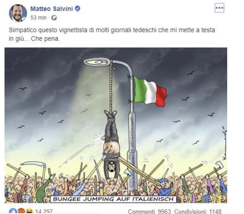 La provocatoria vignetta di Salvini appeso a testa in giù come Mussolini Di Madi Ferrucci La vignetta è stata pubblicata sui social ieri 12 agosto dallo stesso vignettista Marian Kamensky. Molti hanno attribuito la vignetta alla rivista tedesca “Der...