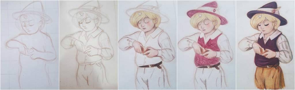 A collage documenting my process from sketch to color