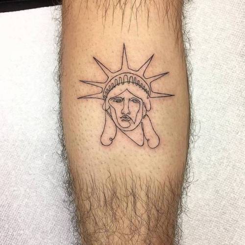 By Jin · Hoa Eternity, done at Mischief Tattoo, Manhattan.... calf;small;jin;statue of liberty;line art;tiny;united states of america;ifttt;little;location;architecture;new york;medium size;other;continuous line;patriotic