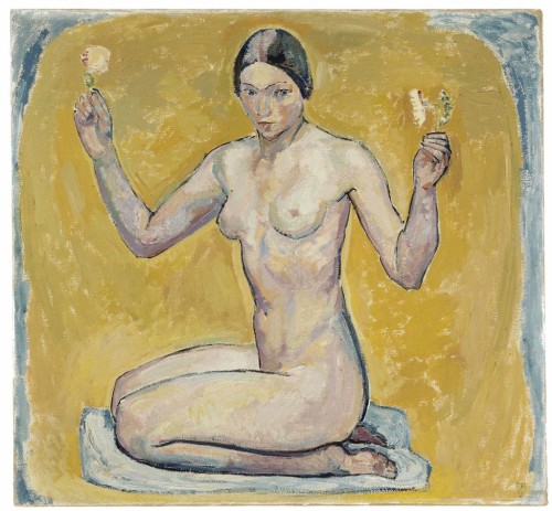 arsvitaest:Cuno Amiet, Kneeling Nude on Yellow Ground, 1913,...