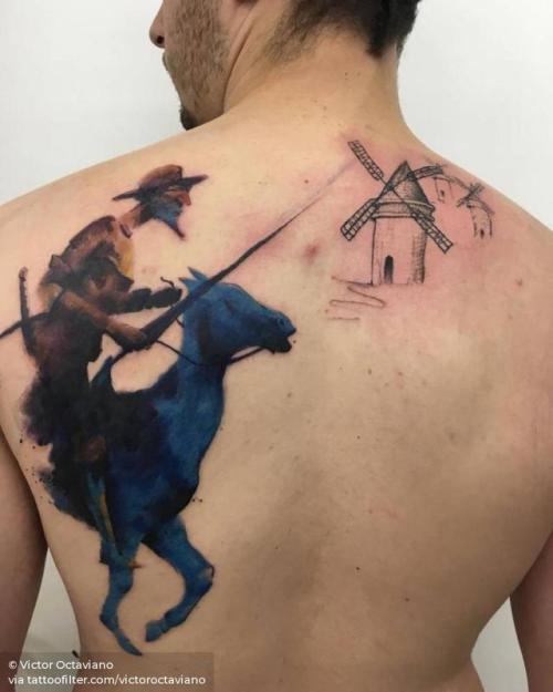 By Victor Octaviano, done at Puros Cabrones Tattoo, Santo André.... film and book;big;watercolor;windmill;facebook;upper back;twitter;architecture;don quixote;victoroctaviano