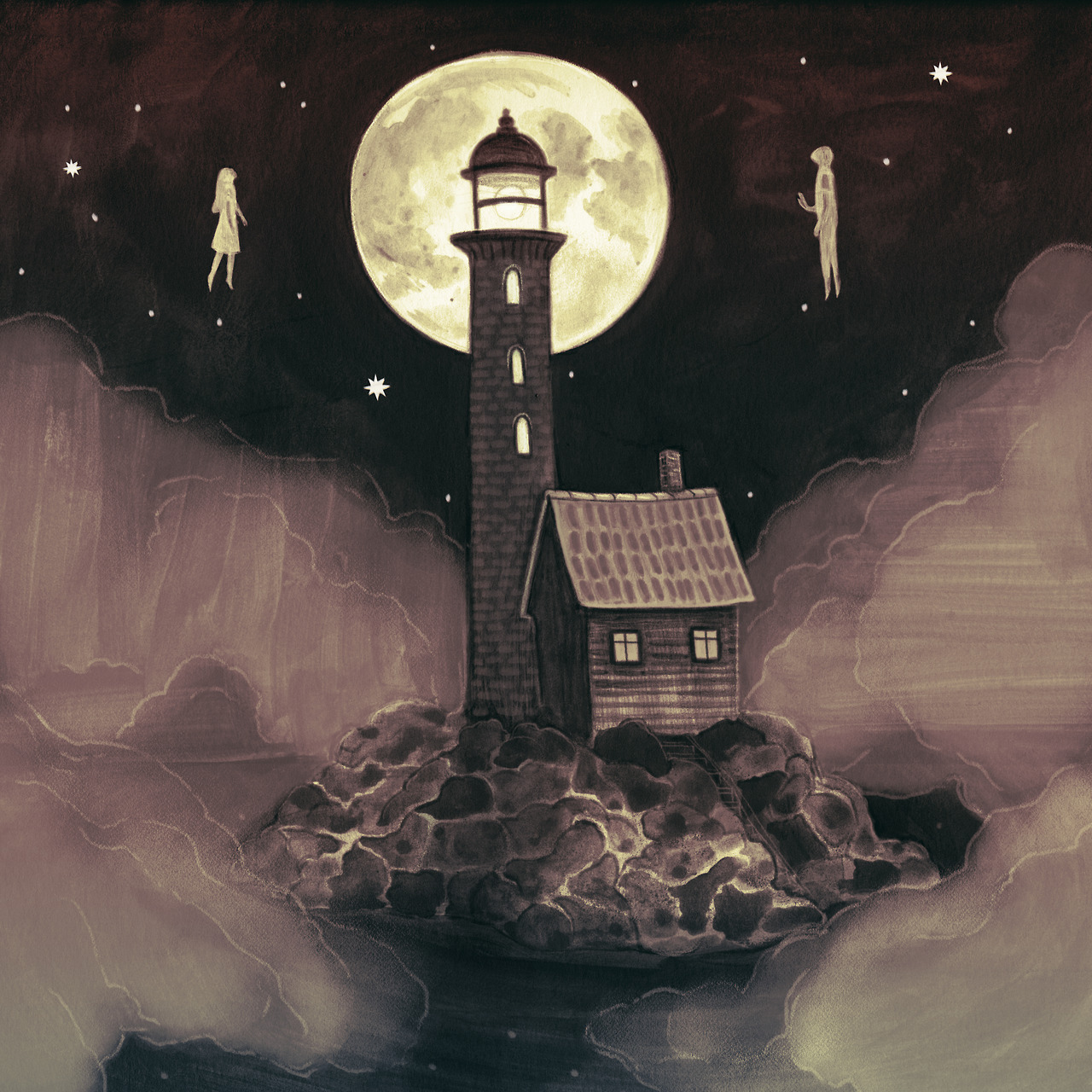 Below a full moon and behind curtains of fog, two lovers float. “Lighthouse Ghosts” is a piece by Eden Cooke, who you can find on her tumblr or instagram — Immediately post your art to a topic and get feedback. Join our new community, EatSleepDraw...