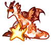 a very small doodle-style drawing of a skydancer with stick limbs, holding a large yellow star; the skydancer has a piebald white-and-ornage body with darker orange wings, and an ornate lace-like pattern in peach over both the body and wings.