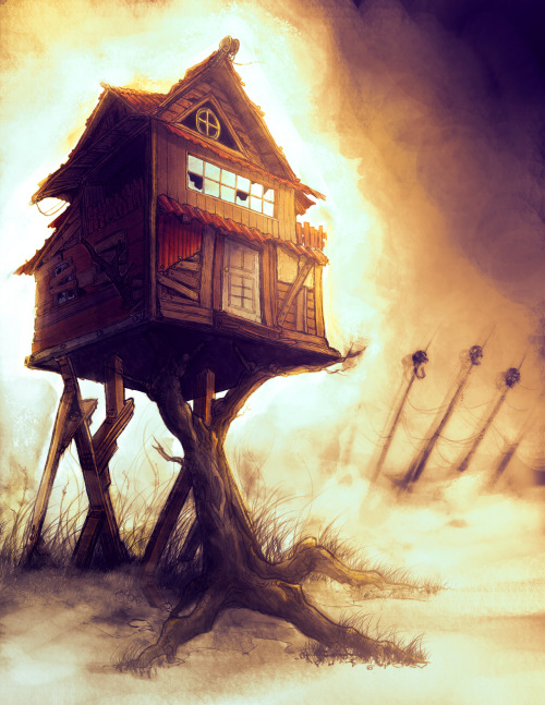 jensen-couch-art:Baba Yaga’s Hut - color(Monochrome Version)