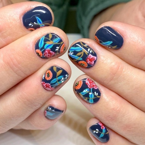 Handpainted navy fall florals for @anniewalenga, pattern from...