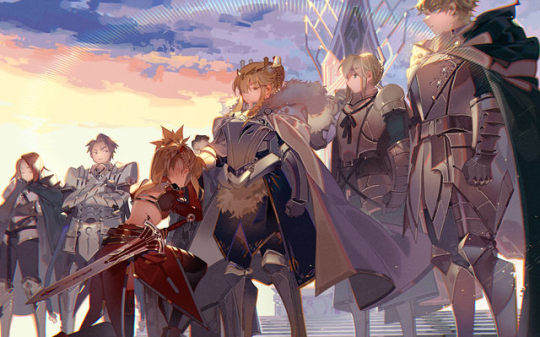 King Arthur and Knights of the Round Table members (from right to left): Gawain, Bedivere, Artoria a.k.a King Arthur, Agravain,...