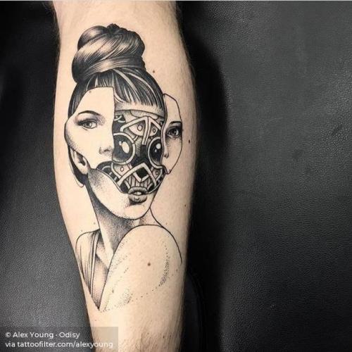 By Alex Young · Odisy, done at Parliament Tattoo, London.... calf;big;alexyoung;facebook;blackwork;twitter;humanoid robot;techie;portrait;robot