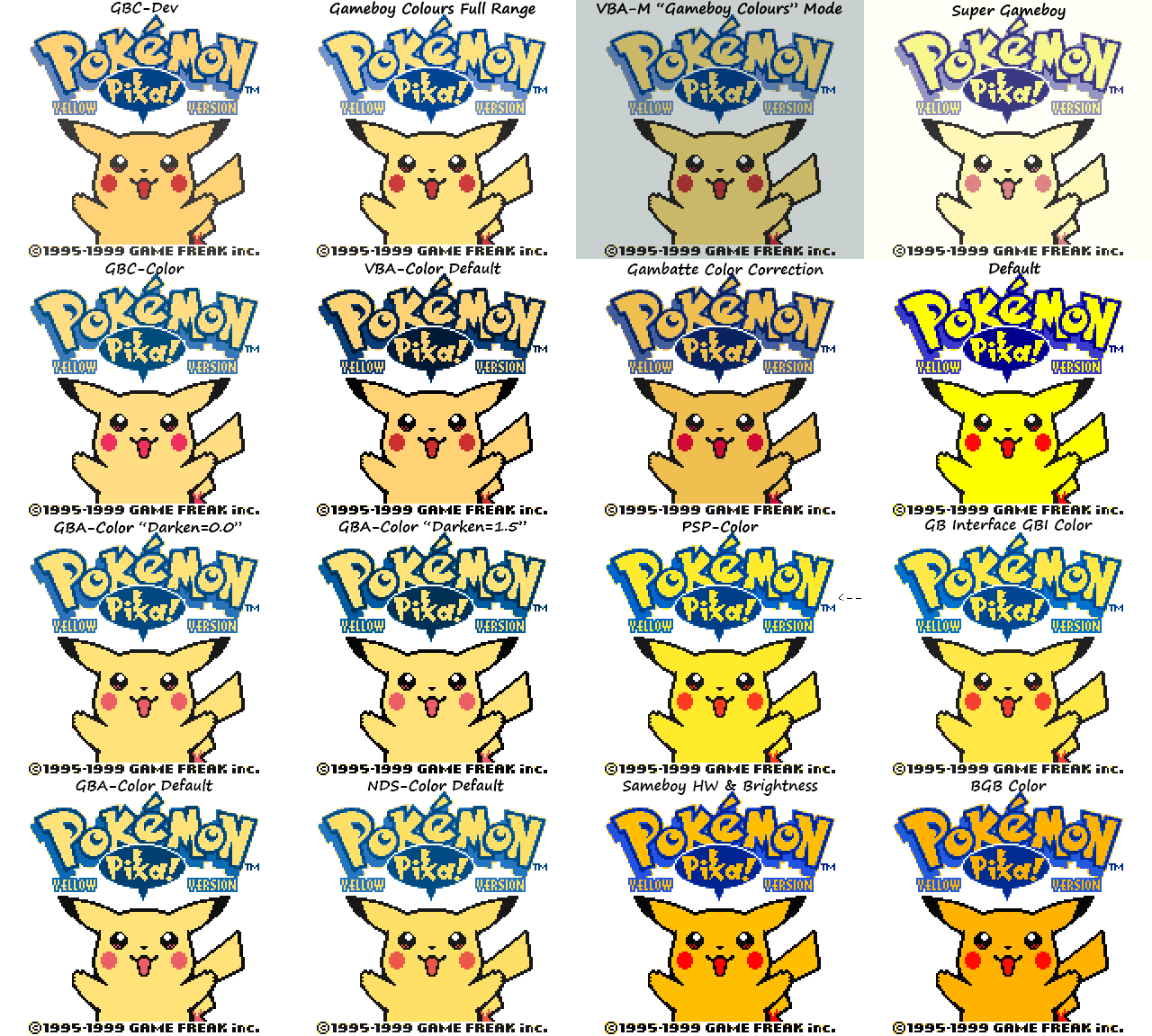 All the comparisons of most software color corrections for the GBC, particuarly, Pokemon Yellow title screen. On the hardware, Pikachu is not pure yellow like you see in Default Raw form. GBC-Dev This...