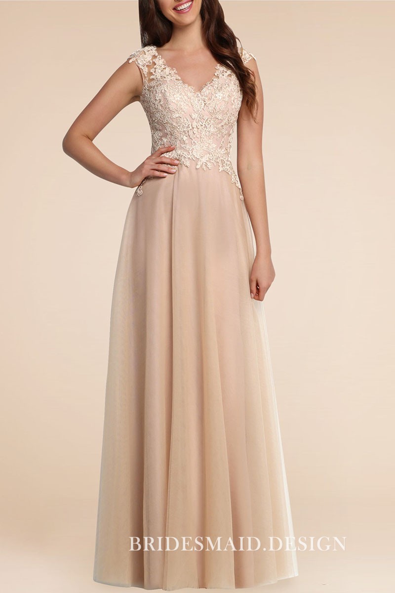 NUDE LACE AND CHIFFON CAP SLEEVE V-NECK A-LINE LONG BRIDESMAID FORMAL DRESS