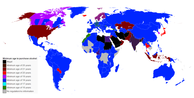 Minimum age to purchase alcohol by country. More... - Maps on the Web