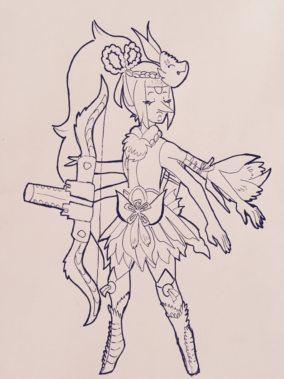 Inktober 24: Opal wearing the Mizutsune/Tamamitsune female gunner set from Monster Hunter Generations and using the Teostra bow.
I started really late, so the inking was rushed and there are a lot of...