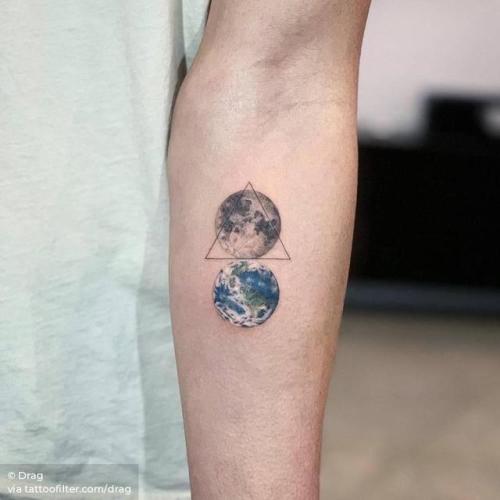 By Drag, done at Bang Bang Tattoo, Manhattan.... small;astronomy;planet;graphic;tiny;ifttt;little;drag;earth;moon;inner forearm