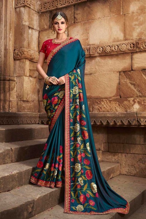 Buy Eid Festival wear Navy Blue Silk Saree With Raw Silk...