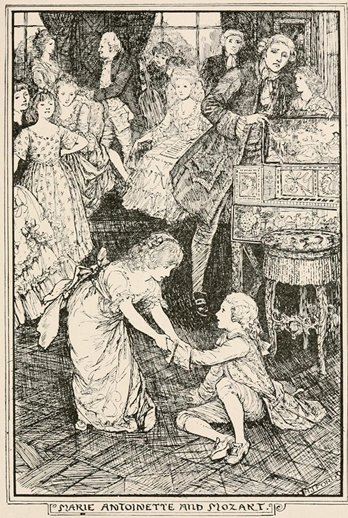 An illustration of a young Marie Antoinette and Mozart by H.J. Ford for The Book of Princes and Princesses.
source: The Book of Princes and Princesses
