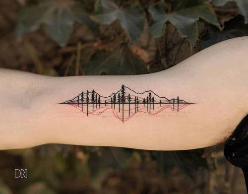 By Dino Nemec, done at Lone Wolf Private Tattooing Studio,... tree;small;bicep;tiny;landscape;pine tree;ifttt;little;nature;medium size;illustrative;dinonemec;music