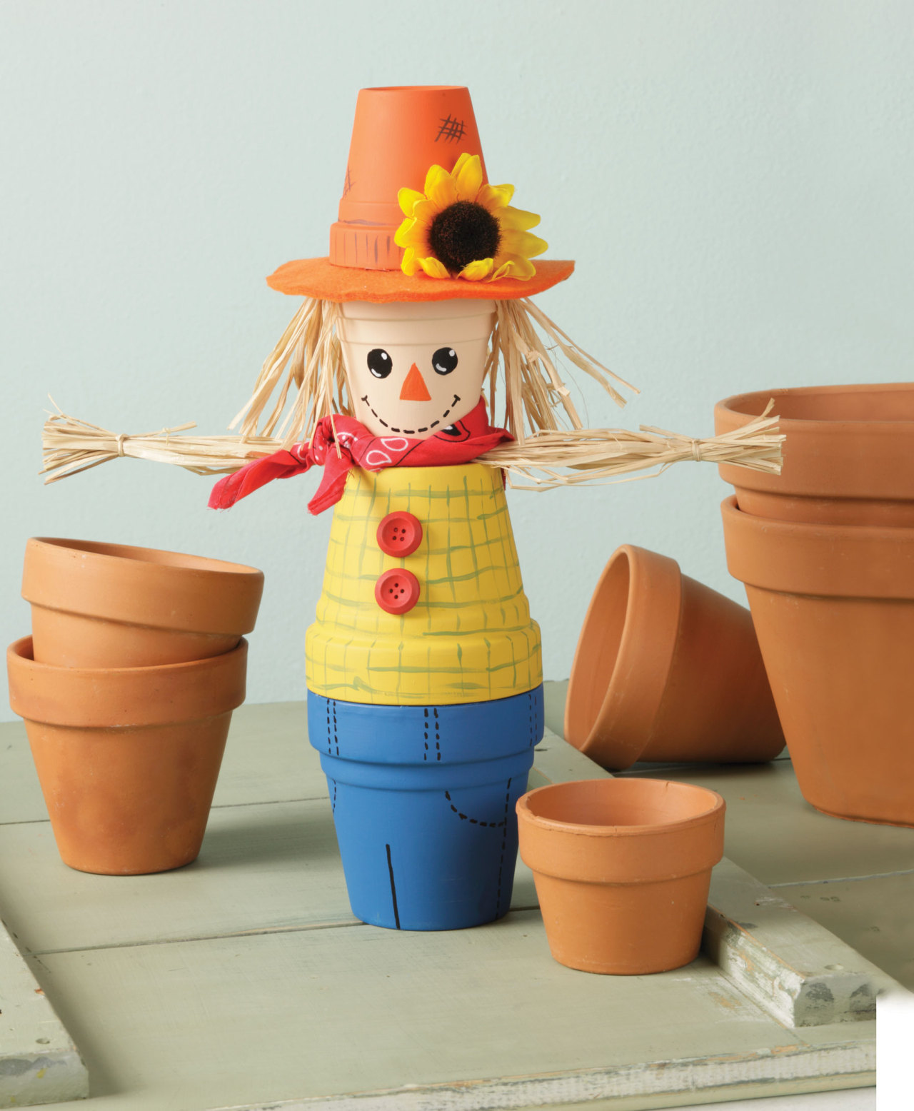 Clay Pot Scarecrow
These steps will help you complete your projects
Supplies - Get the job done right.
 two 4" dia. clay pots
 two 3" dia. clay pots
 acrylic paint (orange, peach, yellow, green, blue, red, brown, white, & black)
 two 3/4“ dia....