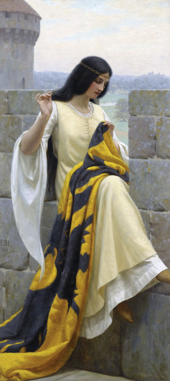 Edmund Blair Leighton - Stitching the Standard (1911)