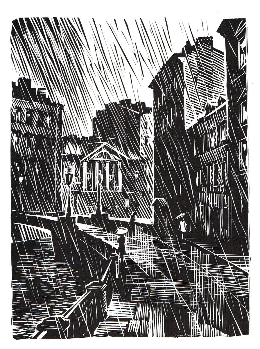 Rain in Leningrad. Linocut by A. Ushin (1960s)