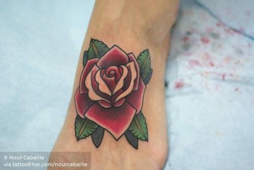 By Nour Cabaille, done at Le mari de la tatoueuse,... facebook;flower;foot;nature;nourcabaille;rose;small;traditional;twitter