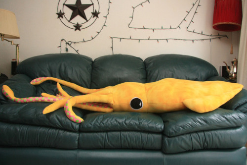 8-foot giant squid pillow. You’ll need: • 2 yards of felt • 1 yard of patterned fabric (I suggest a polka dot-type pattern so it looks like suction cups) • 1 medium piece of black felt, 1 medium piece of white felt (for the eyes) • white thread,...