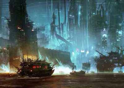 Cloud Atlas concept by George Hull
I really dig how humans are still using archaic boats in this technologically advanced city
