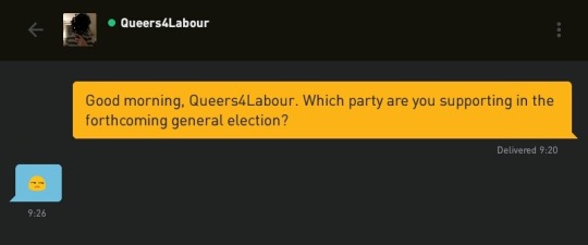 Me: Good morning, Queers4Labour. Which party are you supporting in the forthcoming general election?
Queers4Labour: ?