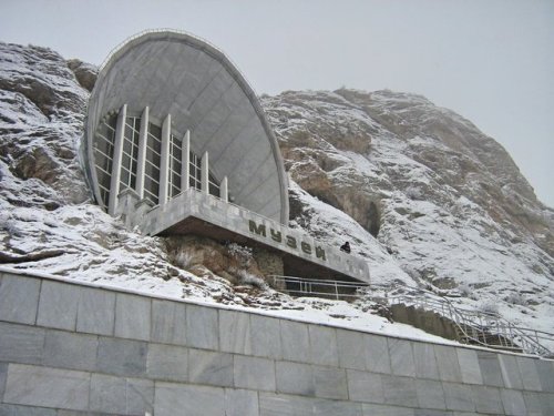 This is Museum Complex Sulayman. A museum from the Soviet-Era in Kyrgyzstan, built into the side of a mountain and containing over 33,000 Archeological artifacts. Very James Bond villain-esque.