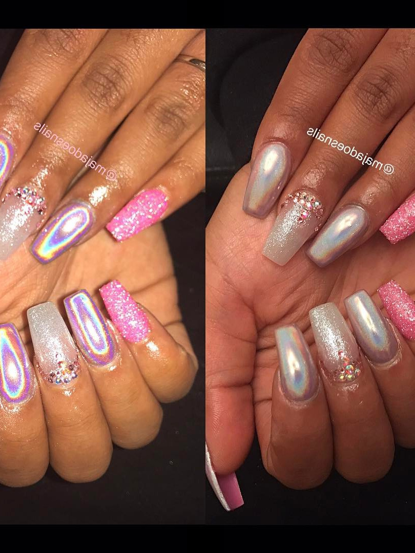 princess nails, fingernails, nails, nail salons near you, grey nails Pink Holographic and Glitter and Swarovski Crystals Coffin Nails 