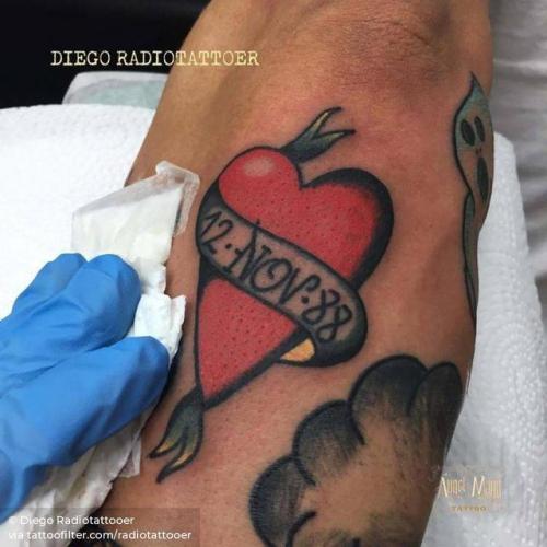 By Diego Radio Tattoo, done at Ángel de Mayo Tattoo, Alcalá de... nautical;heart;mathematical;traditional;date;travel;love;facebook;forearm;twitter;radiotattooer;medium size;banner;other;heart and banner