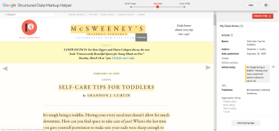 Example of Google Structured Data Markup Helper in action