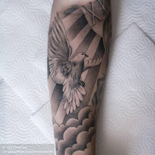 By Luis Cavanna, done in Madrid. http://ttoo.co/p/35214 animal;big;bird;black and grey;facebook;inner forearm;luiscavanna;pigeon;twitter