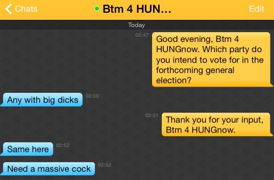 Me: Good evening, Btm 4 HUNGnow. Which party do you intend to vote for in the forthcoming general election?
Btm 4 HUNGnow: Any with big dicks.
Me: Thank you for your input, Btm 4 HUNGnow.
Btm 4 HUNGnow: Same here
Btm 4 HUNGnow: Need a massive cock