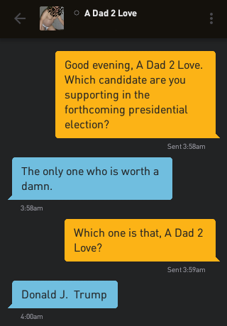 Me: Good evening, A Dad 2 Love. Which candidate are you supporting in the forthcoming presidential election? A Dad 2 Love: The only one who is worth a damn. Me: Which one is that, A Dad 2 Love? A Dad 2 Love: Donald J. Trump