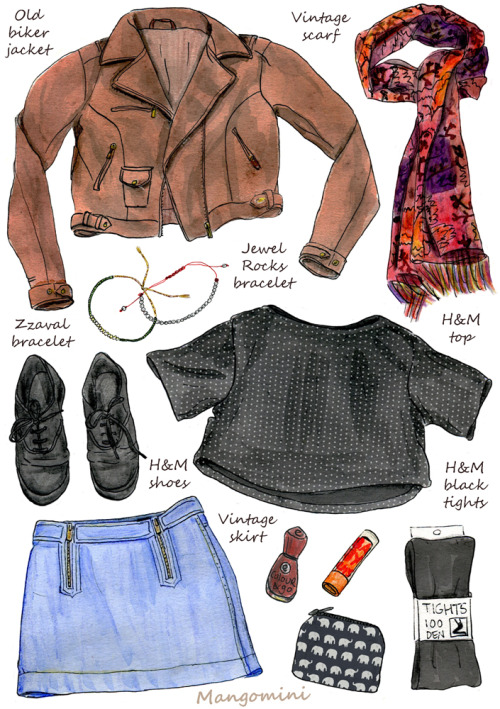fall fashion autumn style fashion fashion blogger fashion illustration ootd cindy mangomini mangomini drawing art Illustration What I Wore biker jacket polka dots denim mini skirt friendship bracelet