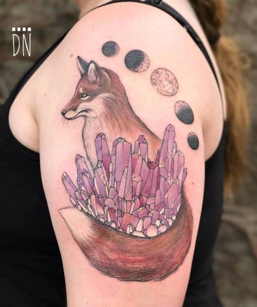 By Dino Nemec, done at Lone Wolf Private Tattooing Studio,... jewellery;moon phase;fox;gem;astronomy;animal;facebook;nature;amethyst;twitter;moon;medium size;illustrative;upper arm;dinonemec