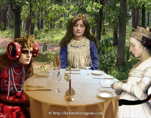 Queen Alice by Kenneth Rougeau
There were three chairs at the head of the table, the Red and White Queens had already taken two of them, but the middle one was empty. Alice sat down in it, rather uncomfortable at the silence, and longing for someone...