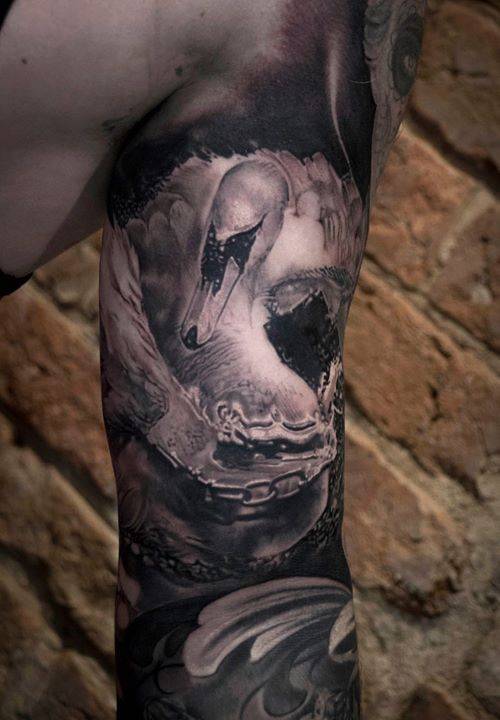 By Bacanu Bogdan, done at NR Tattoo Cheltenham, Cheltenham.... black and grey;swan;bacanubogdan;inner arm;big;animal;bird;facebook;twitter