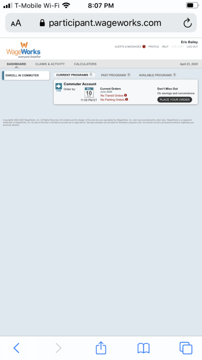 The Dashboard view for WageWorks’ non-responsive website being viewed on an iPhone. Prompts to order commuting benefits are present, but are really tiny as it is assuming I’m viewing this on a laptop or desktop