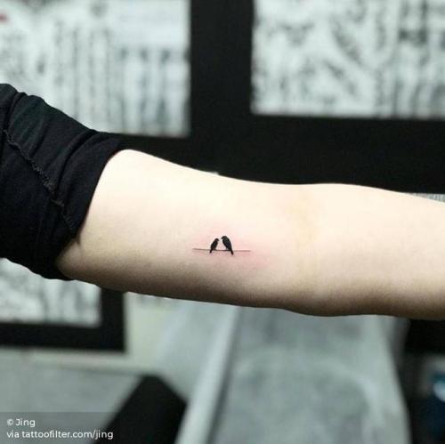 By Jing, done at Jing’s Tattoo, Queens.... jing;small;birds on a wire;bicep;micro;animal;tiny;bird;ifttt;little;minimalist;illustrative