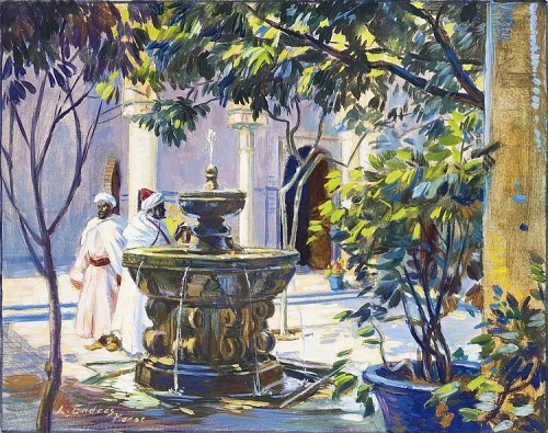 Louis Endres (1896-1989) - The fountain on the patio, gouache, 24 x 30 cm.