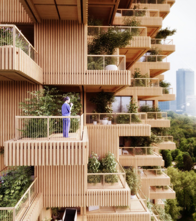 archatlas:<br /><br />Penda proposes Toronto Tree Tower built from cross-laminated timber modules<br /><br /><br />Plants and trees sprout from the modular units that make up this timber-framed high-rise, proposed by architecture firm Penda for Toronto. Penda, which has offices in China and Austria, collaborated with Canadian company Tmber for the Toronto Tree Tower project. They propose an 18-storey residential block that would stand 62 metres tall, with a modular structure made from cross-laminated timber (CLT).<br />Wood would also clad the building’s staggered walls, and trees would grow from the homes’ generous balconies. “Our cities are a assembly of steel, concrete and glass,” said Penda partner Chris Precht. “If you walk through the city and suddenly see a tower made of wood and plants, it will create an interesting contrast. The warm, natural appearance of wood and the plants growing on its facade bring the building to life and that could be a model for environmental friendly developments and sustainable extensions of our urban landscape,” he added.<br />