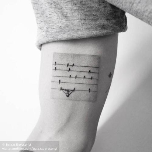 By Balazs Bercsenyi, done in Manhattan. http://ttoo.co/p/218889 small;balazsbercsenyi;birds on a wire;single needle;inner arm;animal;contemporary;tiny;bird;clothes line;ifttt;little;other