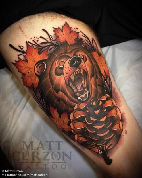 By Matt Curzon, done at 5th Dallas Art and Tattoo Expo, Dallas.... mattcurzon;bear;big;animal;thigh;facebook;twitter;neotraditional