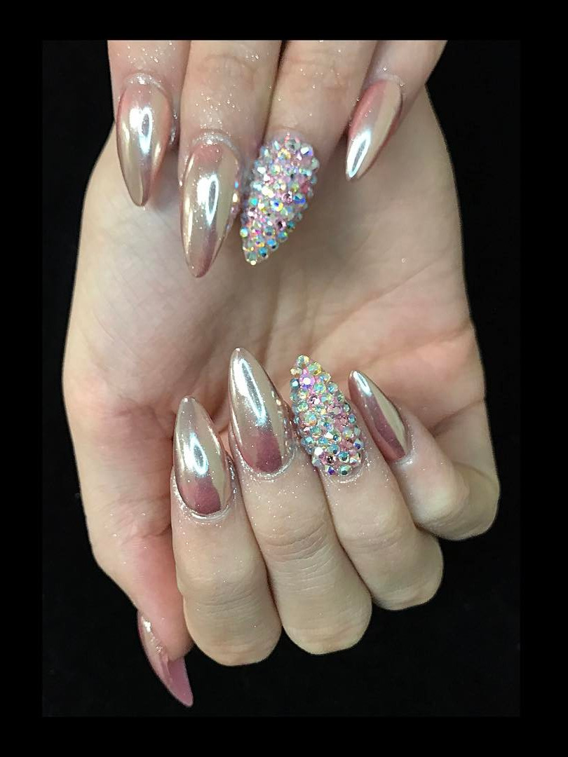 blue nails, deluxe nails, princess nails, allure nails, dnd nail polish Pink Chrome | AB Rhinestones | Almonds Nails (tips) 